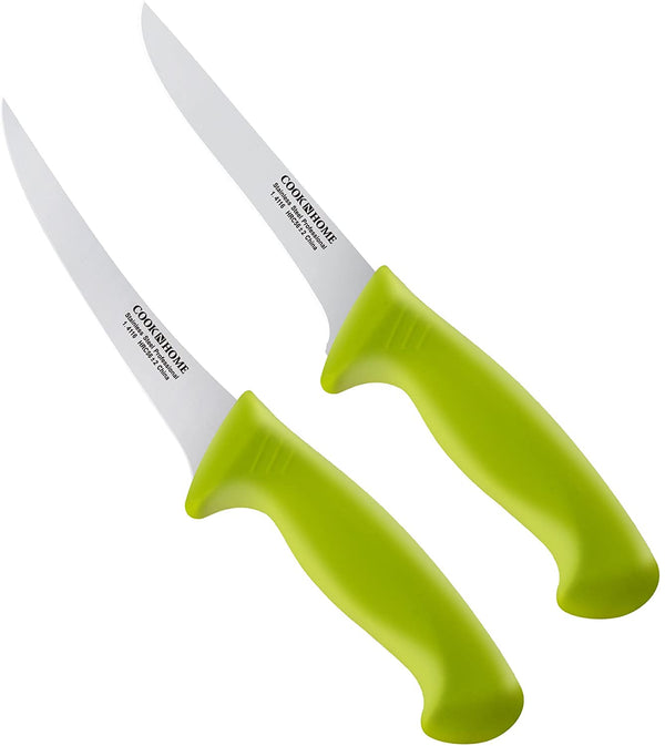 Cook N Home Boning Knife Set 2-Piece, 6-inch High Carbon German Stainless Steel Flexible Curved and Straight Stiff Boning Kitchen Knives, Ergonomic Handle, Green
