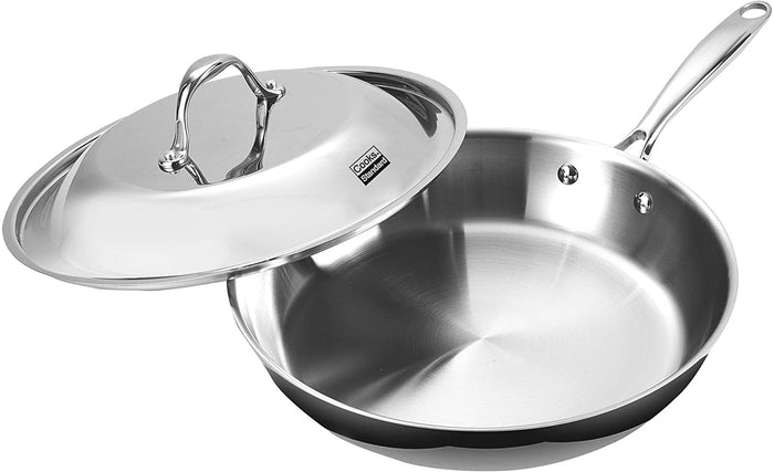 cook n home Cooks Standard Stainless Steel Frying Pan 12 Inch Multi-Ply Full Clad Wok Stir-Fry Cooking Pans with Dome Lid Stay-Cool Handle Dishwasher Safe Oven Safe 500°F Silver