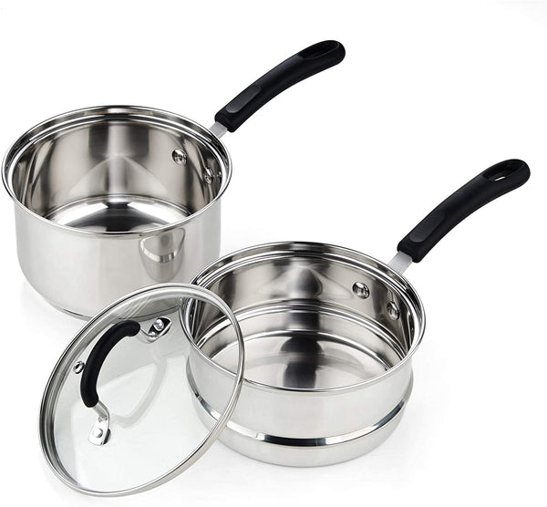 Cook N Home 02655 Professional Double Boiler Saucepan 2-Quart, 18-10 Stainless Steel Steam Melting Pot for Butter Chocolate Cheese, Tempered Glass Lid, Silver