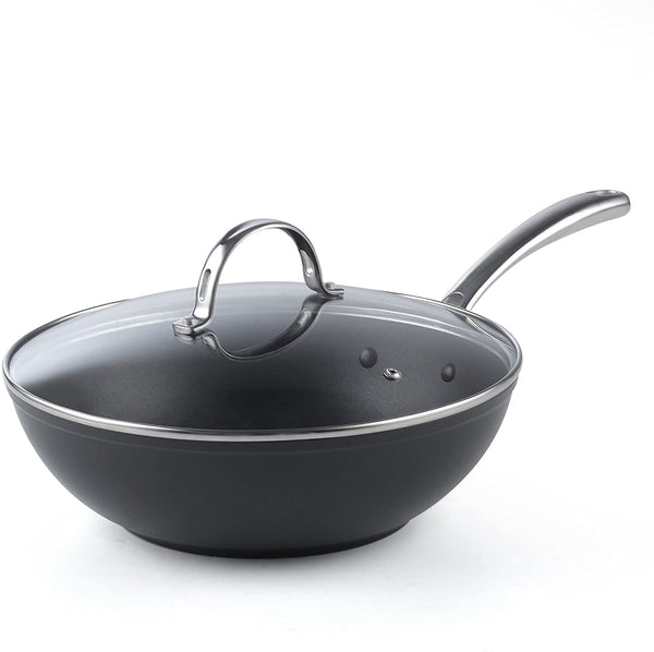 Cooks Standard Nonstick Stir-Fry Wok Pan 11-Inch, Hard Anodized Deep Frying Pan with Glass Lid, Flat Bottom, Black