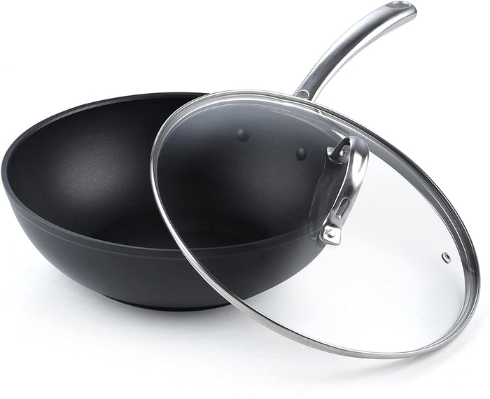 cook n home Cooks Standard Nonstick Stir-Fry Wok Pan 11-Inch Hard Anodized Deep Frying Pan with Glass Lid Flat Bottom Black