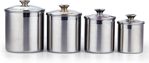 Cooks Standard Stainless Steel Food Jar Storage Canister Set Large 4-Piece, 1.6qt/2.5qt/3.5qt /5qt Airtight Containers with Glass Lid for Tea Coffee Sugar Flour Pantry Kitchen Counter