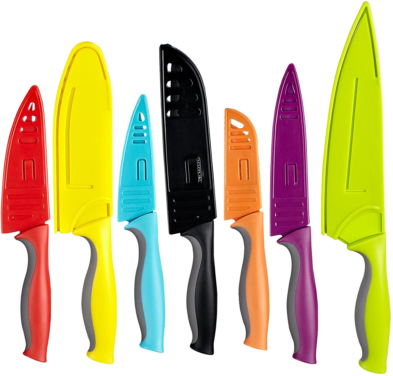 Cook N Home 14-Piece Carbon Stainless Steel Knife Set with 7 Sheaths, Color Coded, Multicolo