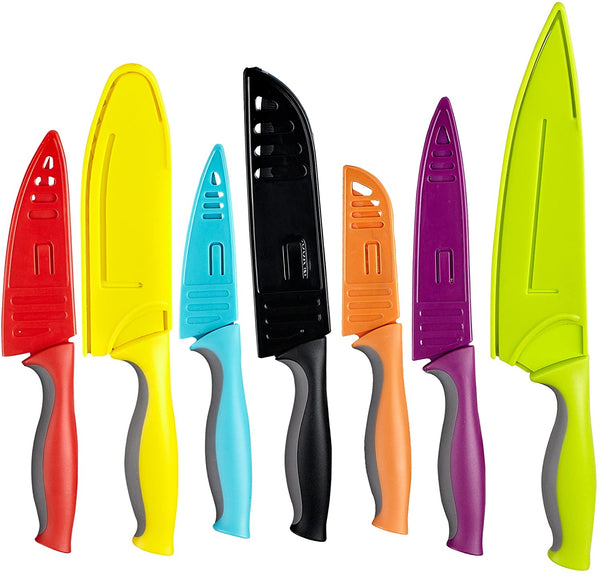 Cook N Home 14-Piece Coated Stainless Steel Knives, Comes with 7-Knife and 7-Blade Guards, Color Coded to Reduce Risk of Cross Contamination