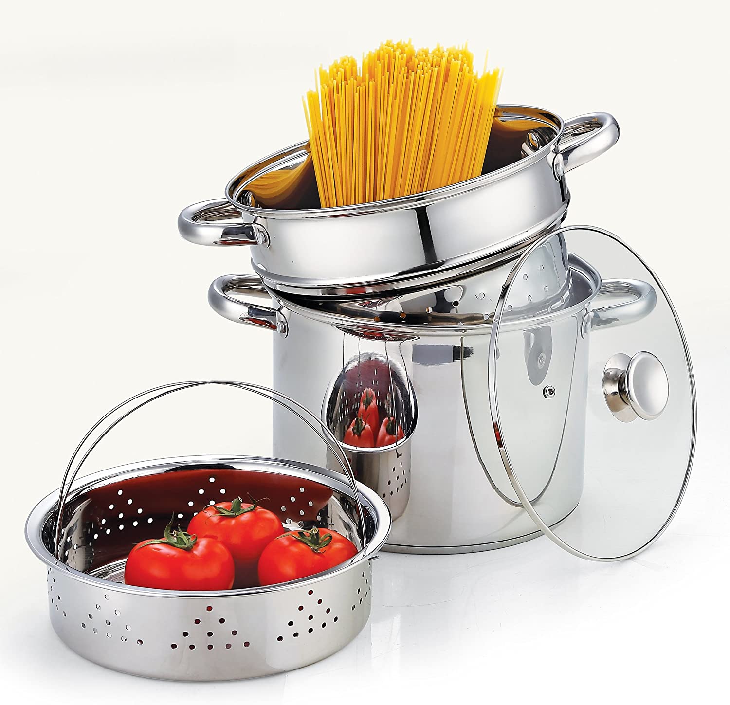 Ovente 4.8 Quart Stovetop Stainless Steel Pasta Pot with Strainer Lid &  Locking Feature, Easy Storage and Pour Safe with Cool Touch Handles Perfect