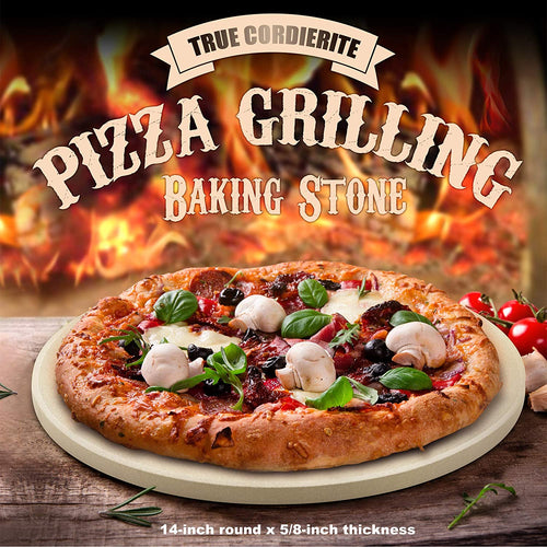 Cook N Home 02661 Pizza Grilling Baking Stone with Scraper, 14-Inch Round Heavy Duty Cordierite Bread Stone for Oven and Grill, Thermal Shock Resistant Ideal for Baking Golden Crisp Crust Pizza
