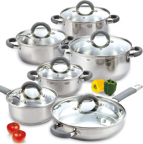 Cook N Home Cookware Sets 12-Piece Basics Stainless Steel Pots and Pans with Grey Silicone Handles, Silver