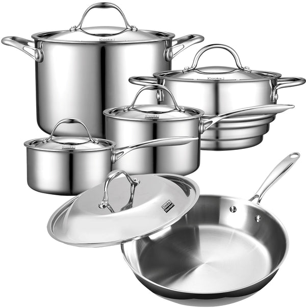 Cooks Standard Stainless Steel Induction Cookware Sets, 10 Piece Multi-Ply Clad Pots and Pans Set with Stay-Cool Handles, Kitchen Cooking Pans, Dishwasher Safe, Silver